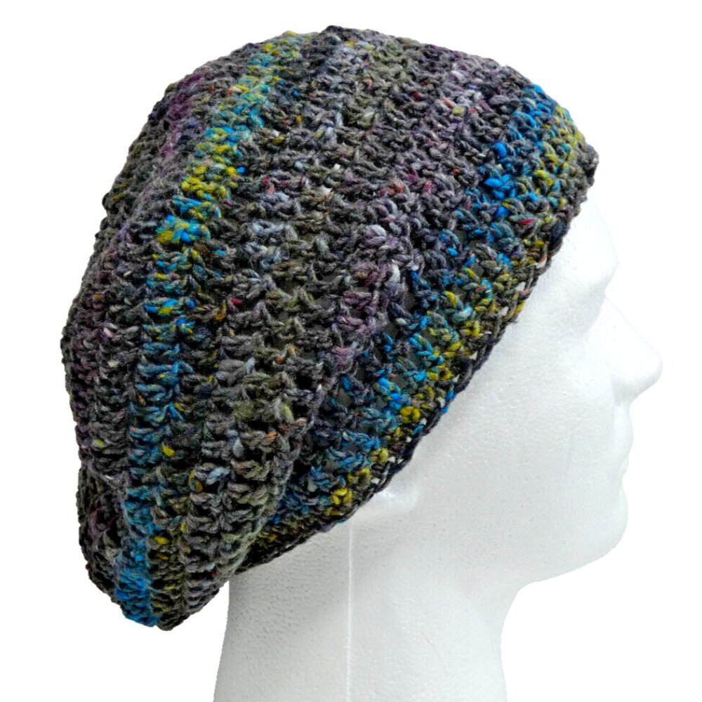 MultiColor Slouchy Cap Cotton Silk Hat 9" Beanie Handmade Crochet Hand Knit NWT